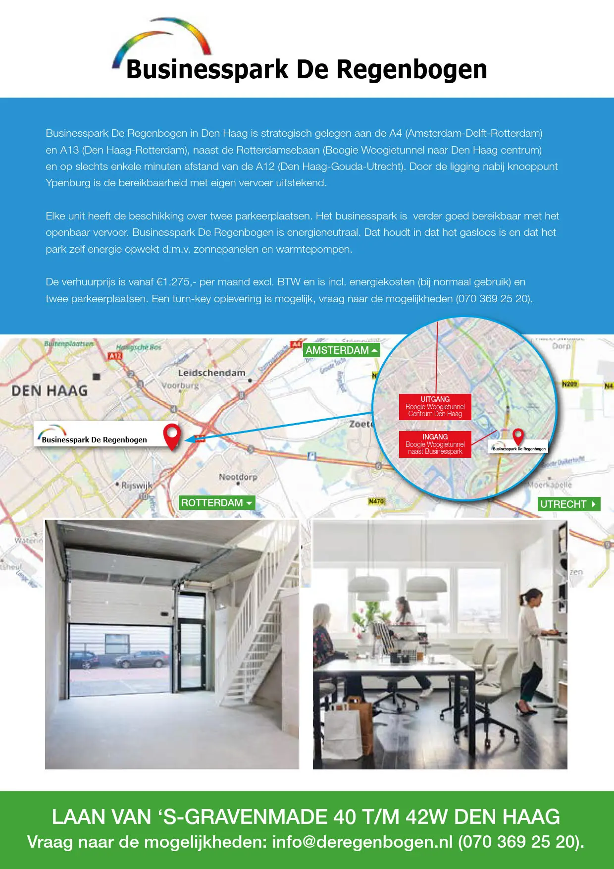 Promotieposter van Businesspark De Regenbogen in Den Haag met locatiekaart, bedrijfsinformatie en foto's van de units aan de Laan van ‘s-Gravenmade.